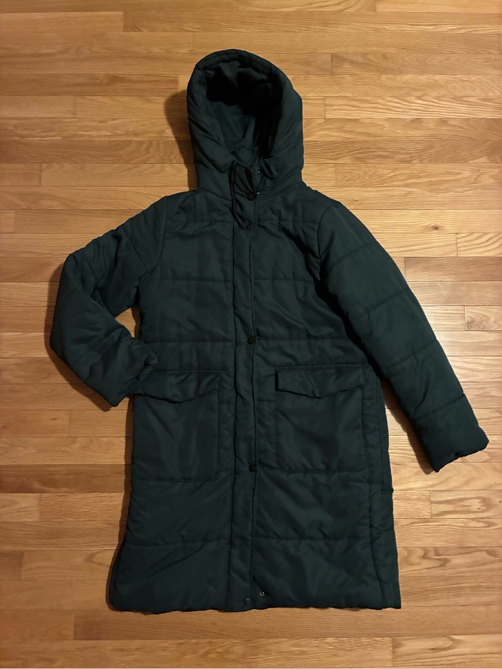 a new day Dark Green Long Hooded Puffer Coat. Excellent Condition!! Xs.